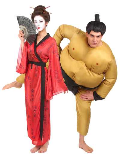 Disfraz de pareja de sumo y geisha para adulto