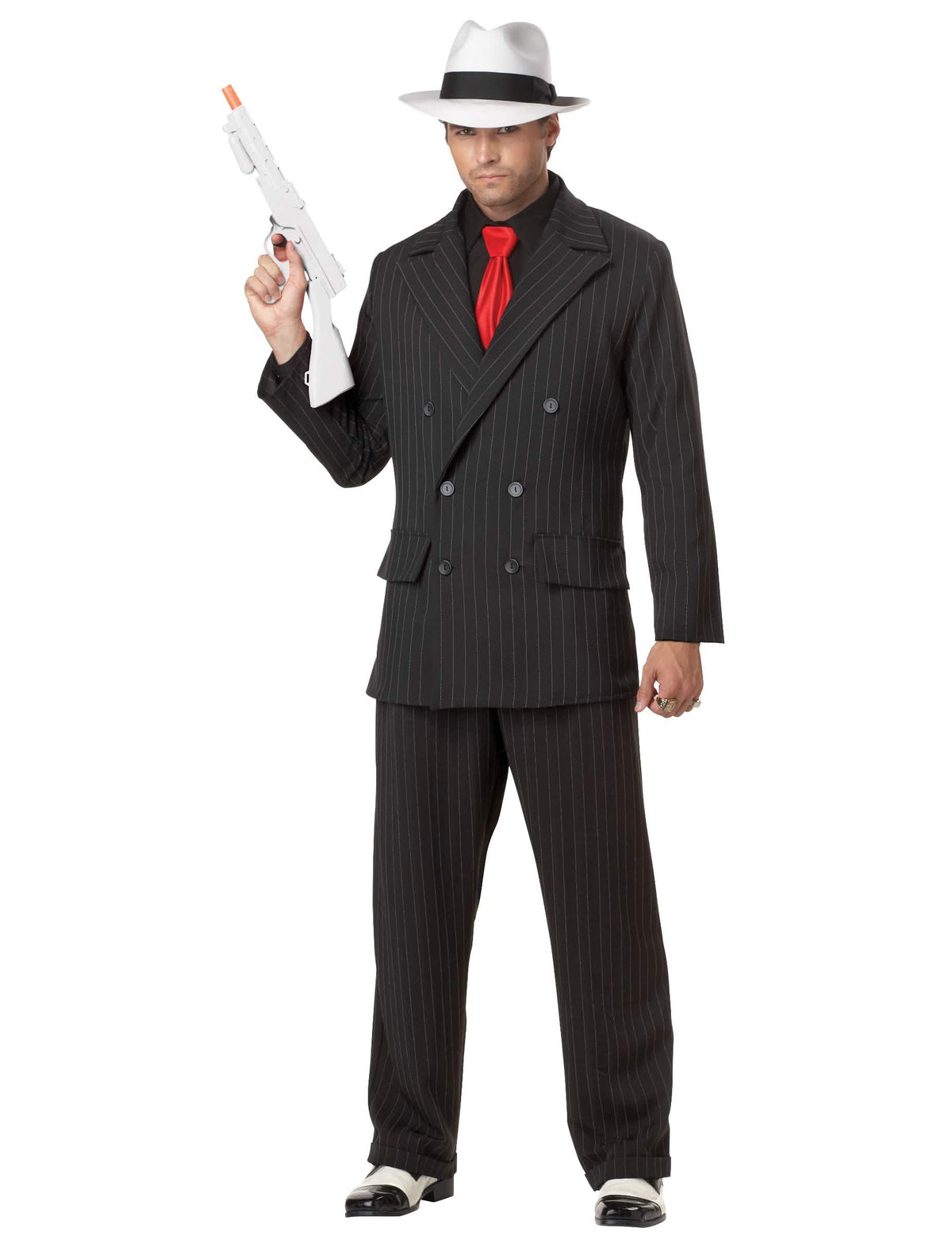Disfraz de gánster para hombre negro a rayas con corbata roja y sombrero blanco