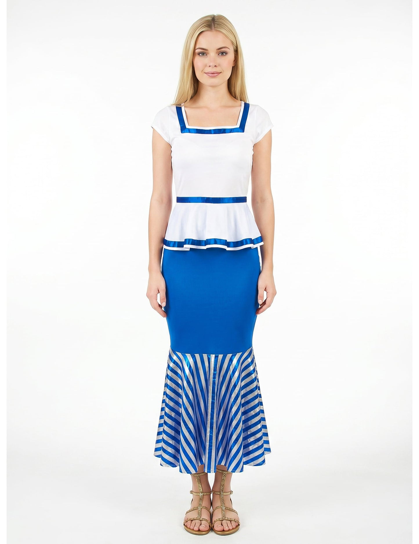 Disfraz de gala blanco y azul para mujer
