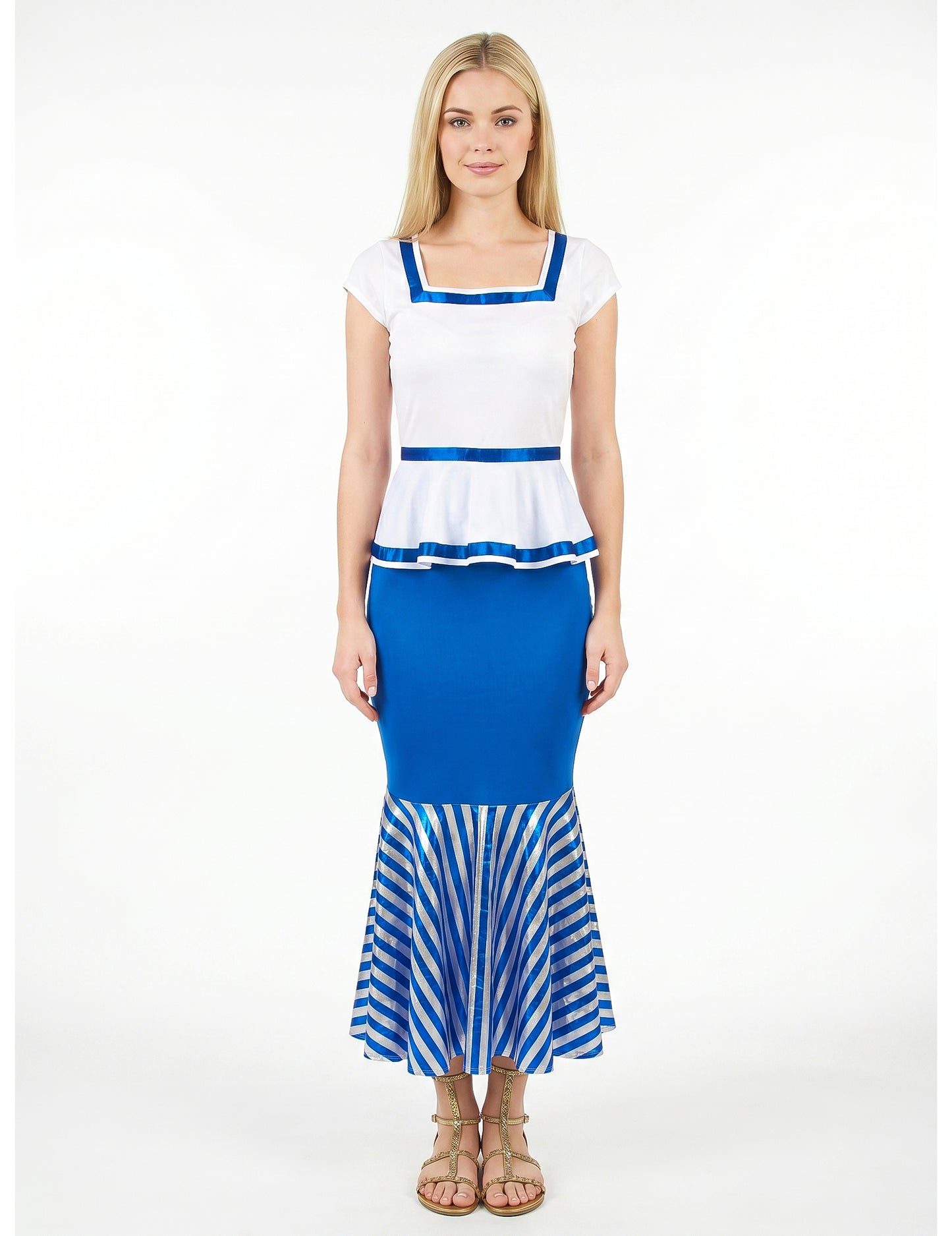 Disfraz de gala blanco y azul para mujer