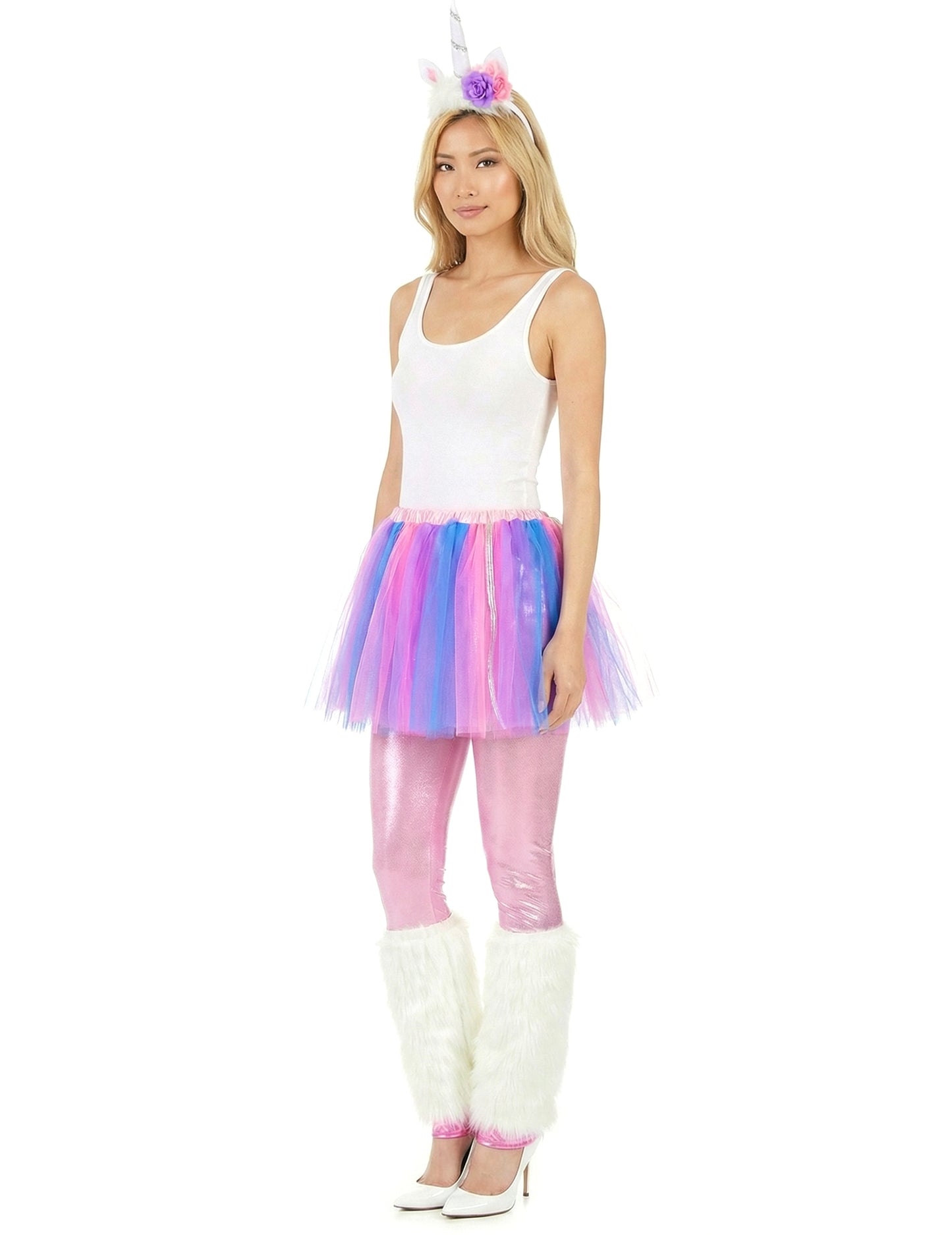 Vue de trois-quarts du déguisement de licorne multicolore pour femme