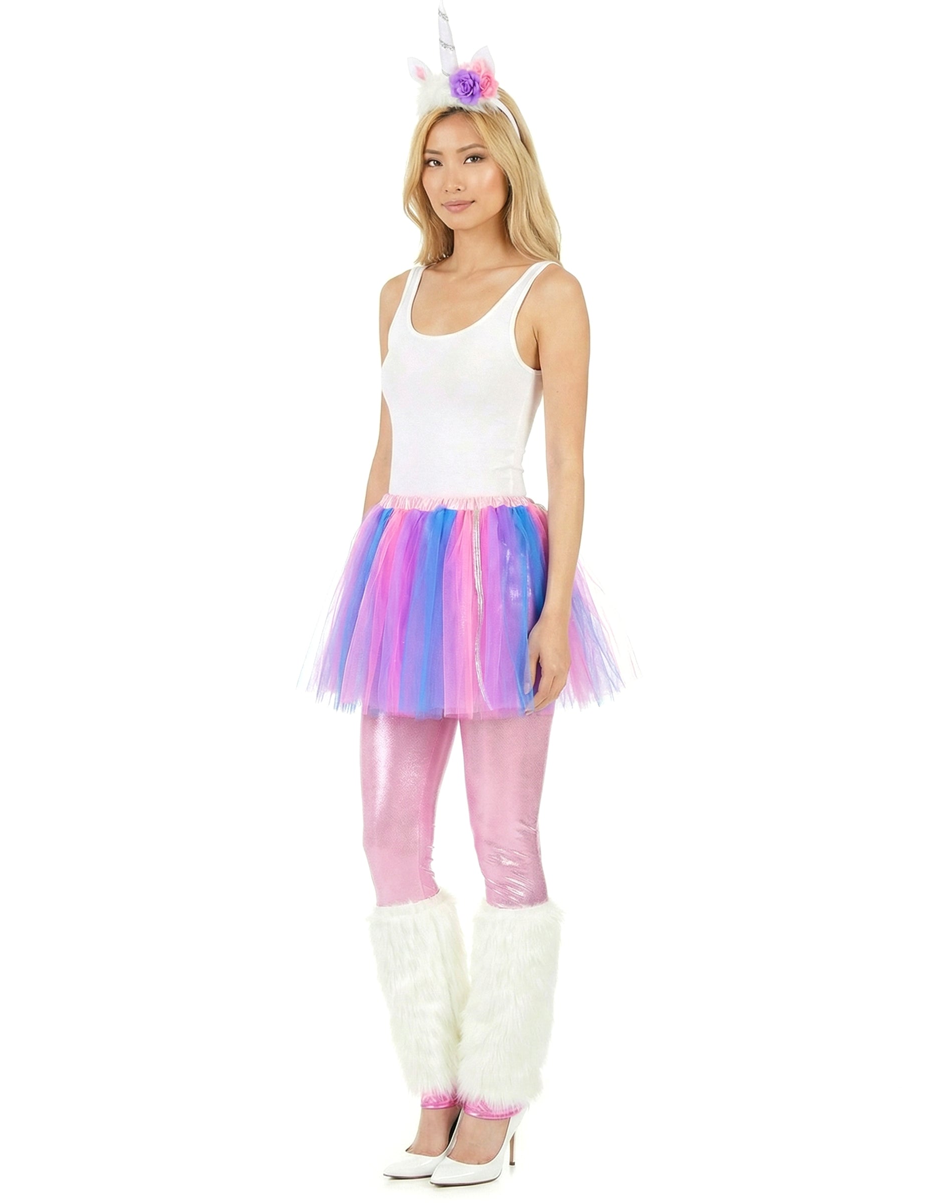 Vue de trois-quarts du déguisement de licorne multicolore pour femme