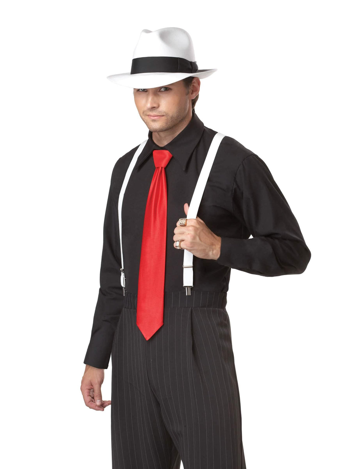 Primer plano de los tirantes y la corbata del disfraz de Gangster para hombre