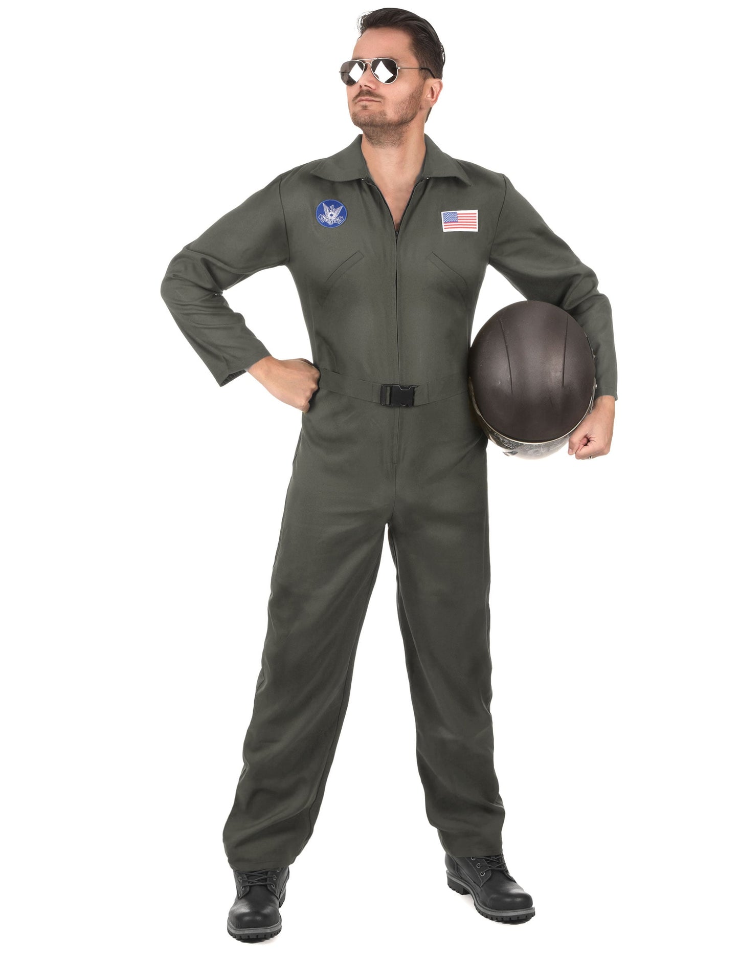 Déguisement de pilote d'avion avec lunettes pour homme vert kaki avec écussons