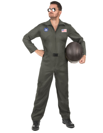 Déguisement de pilote d'avion avec lunettes pour homme vert kaki avec écussons