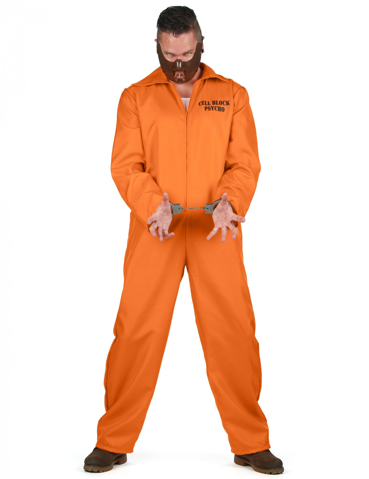 Déguisement de prisonnier cannibale pour homme orange avec masque et menottes