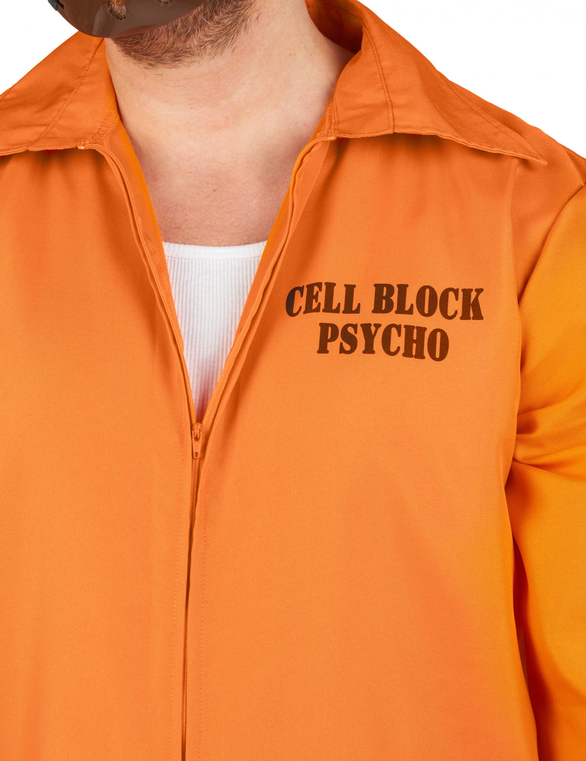 Détail de l'inscription Cell Block Psycho du déguisement de prisonnier cannibale