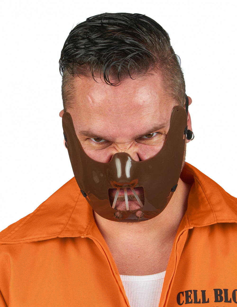 Gros plan sur le masque du déguisement de prisonnier cannibale