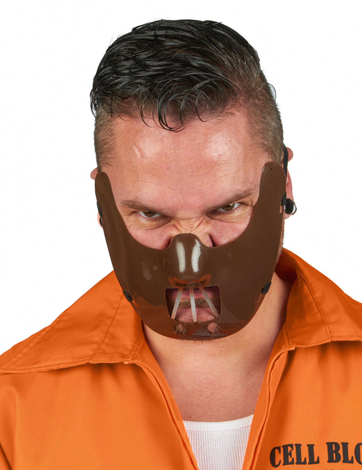 Gros plan sur le masque du déguisement de prisonnier cannibale