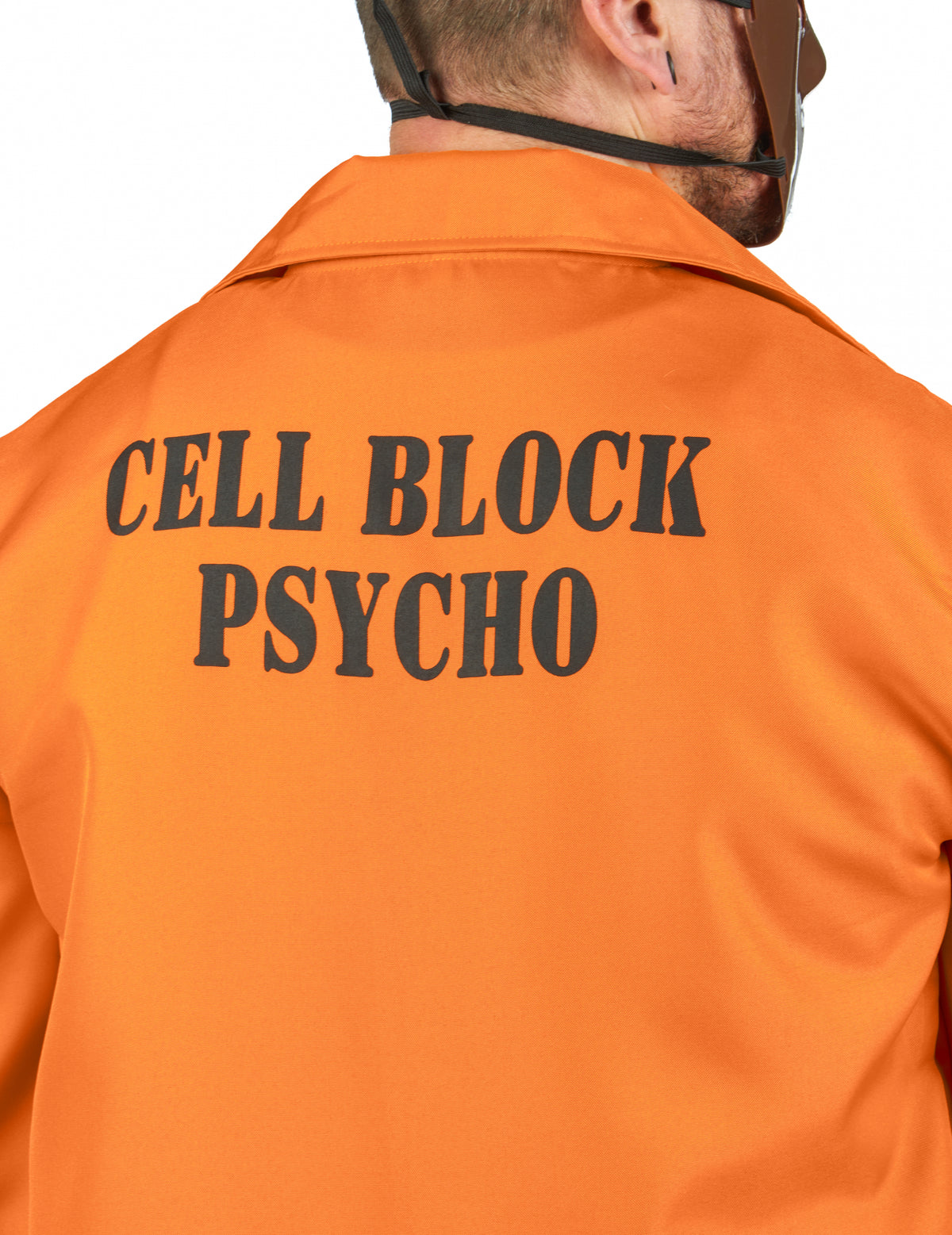 Vue de dos avec l'inscription Cell Block Psycho du déguisement de prisonnier cannibale