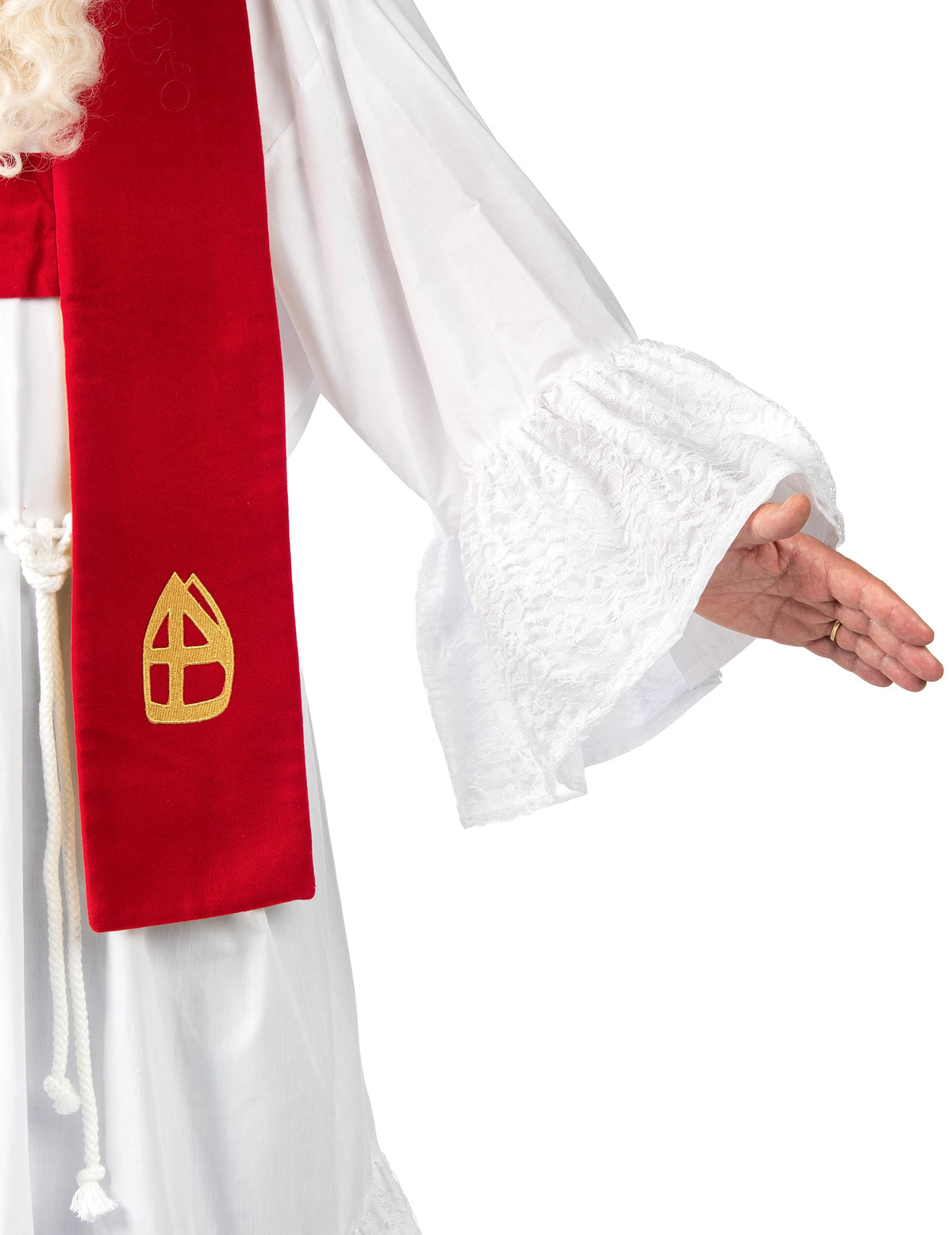 Détail de la manche avec dentelle du déguisement de Saint-Nicolas Haut de Gamme