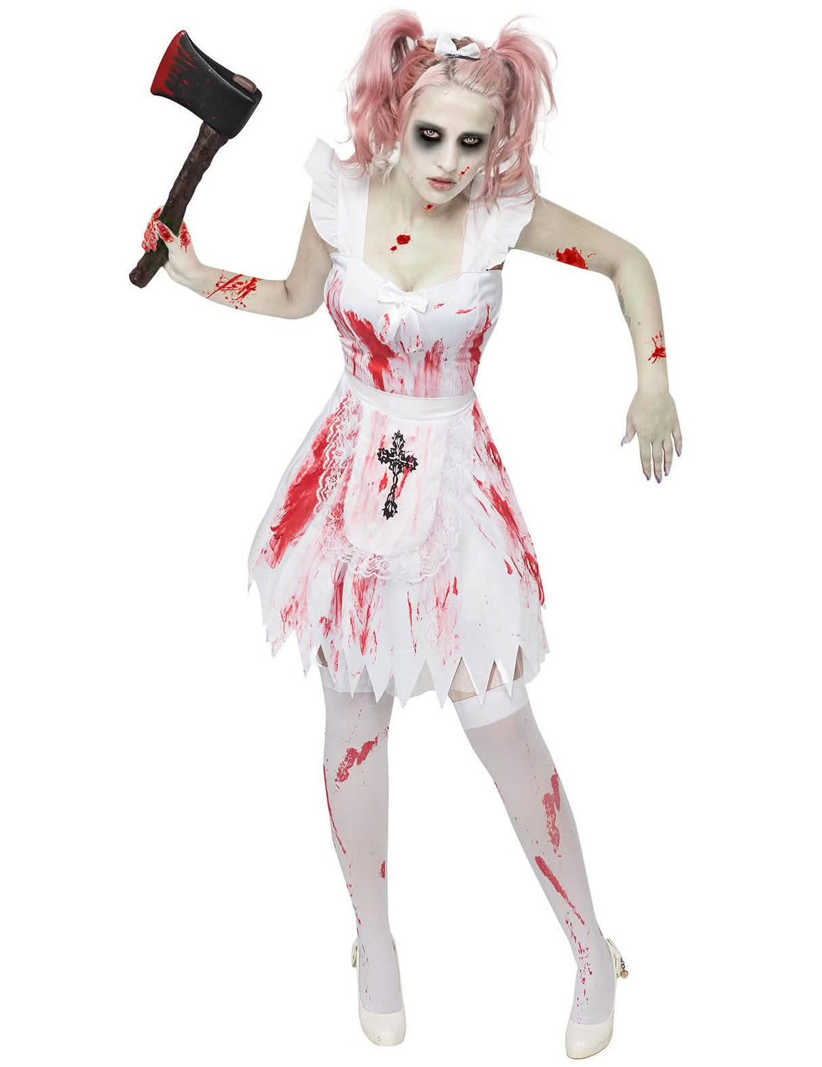 Disfraz de dama de honor zombie para mujer blanco y ensangrentado
