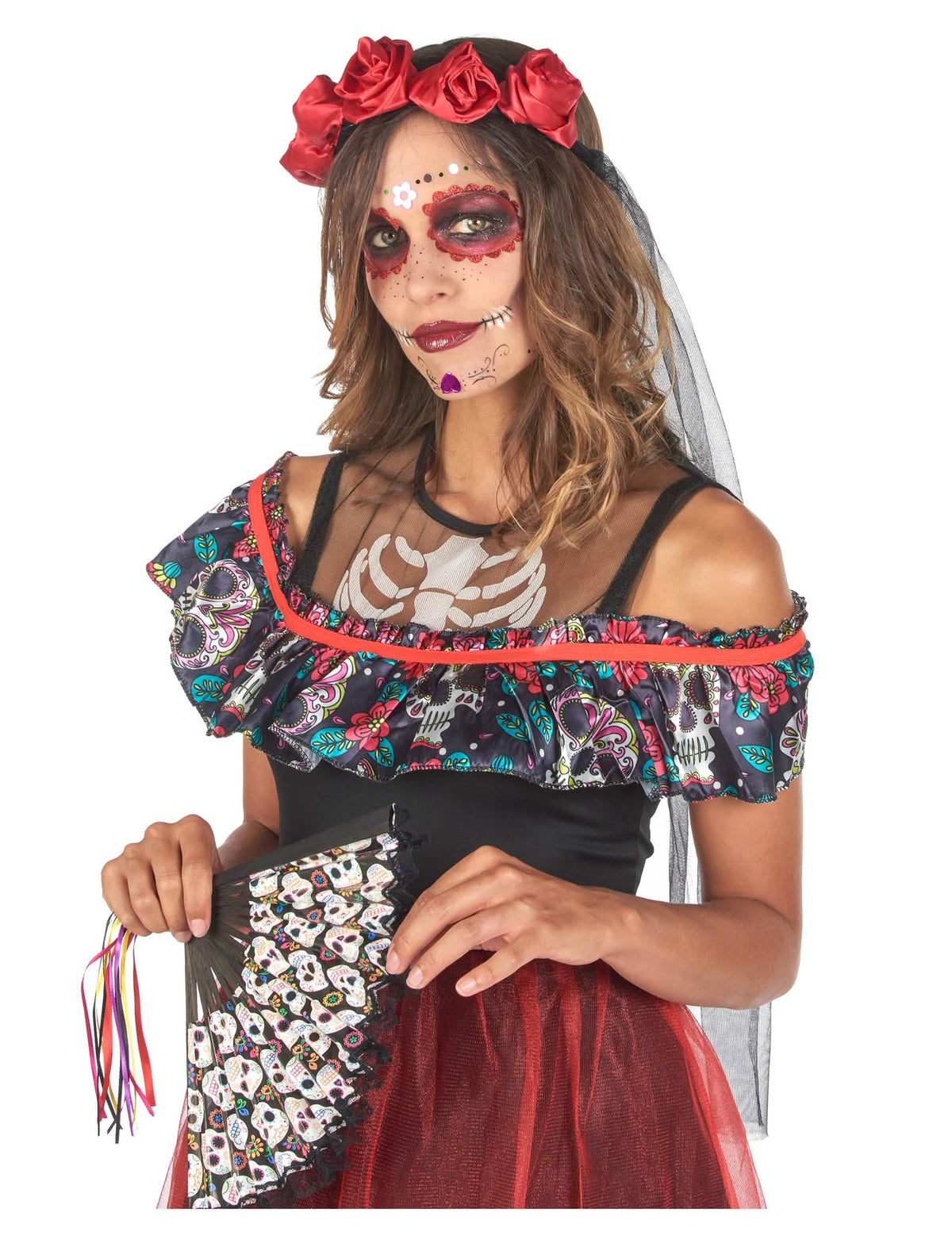 Abanico con motivos de calaveras del disfraz Día de los Muertos para mujer