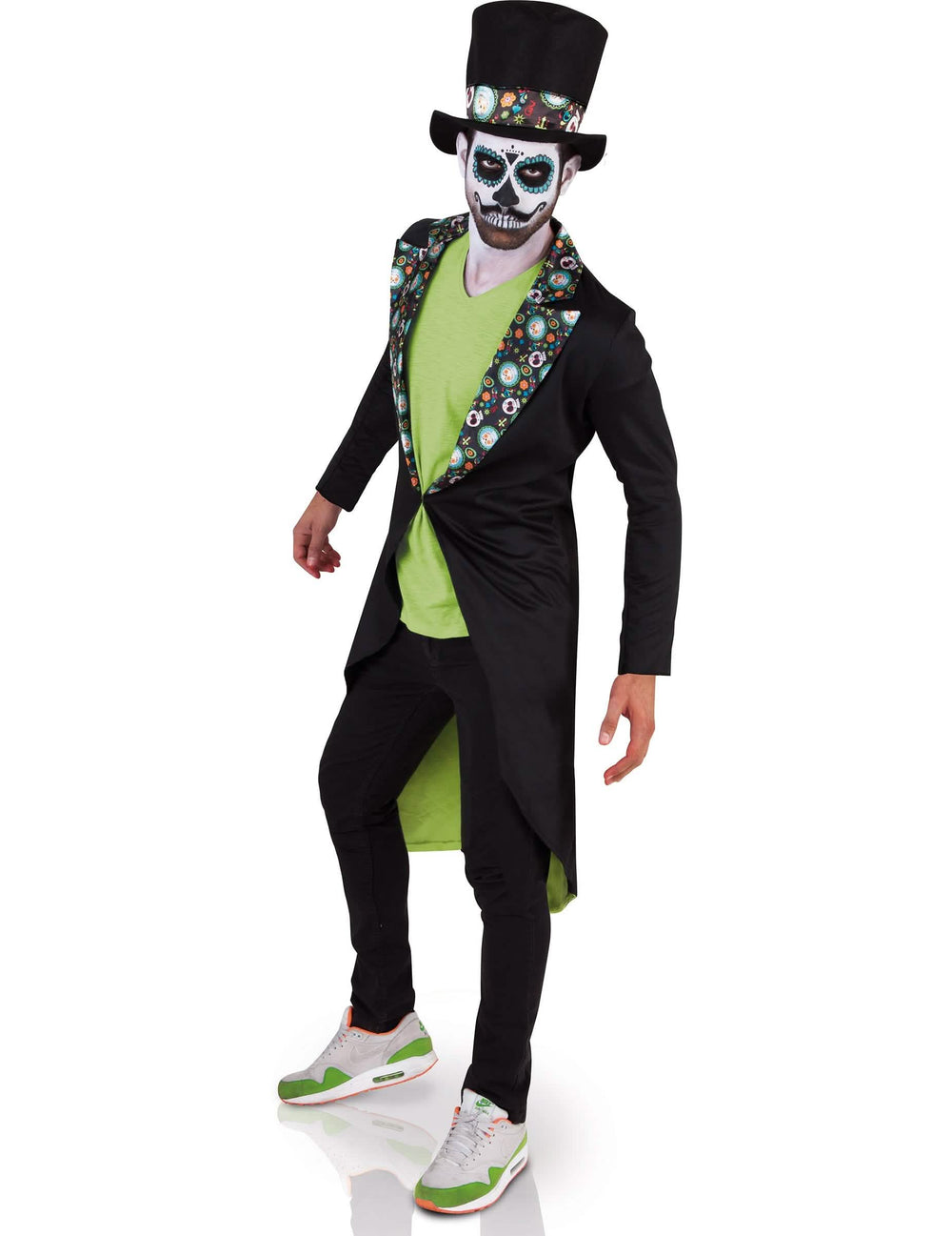 Disfraz día de los muertos para hombre negro y verde con sombrero de copa