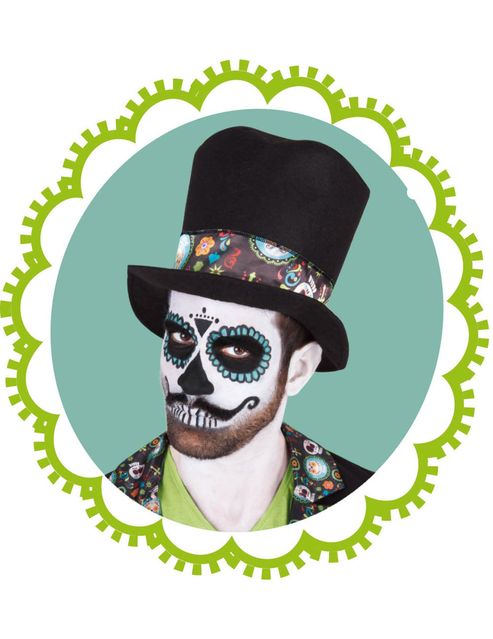 Primer plano del maquillaje y el sombrero de copa del disfraz día de los muertos para hombre