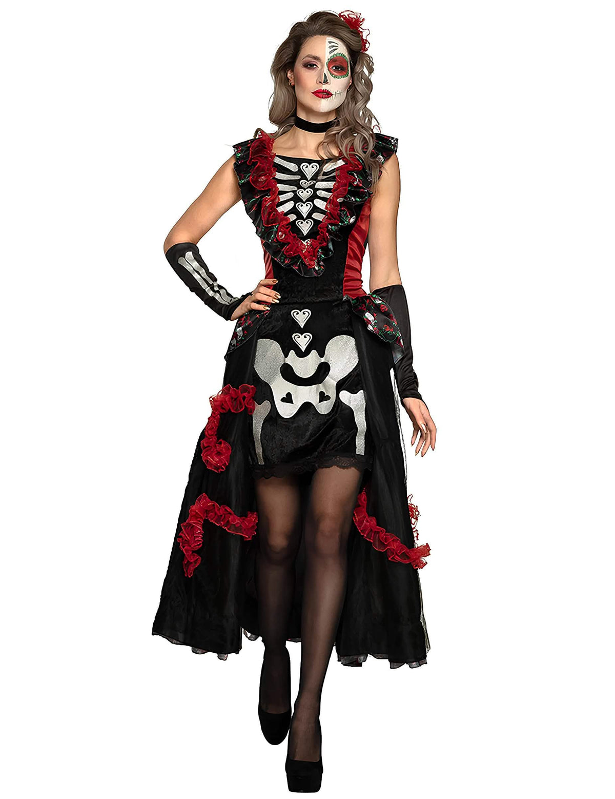 Déguisement dia de los muertos pour femme noir et rouge avec jupon