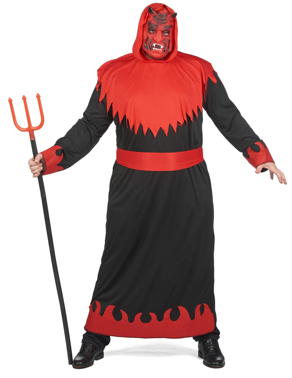 Vue de face du déguisement de diable des enfers avec le trident rouge et le masque