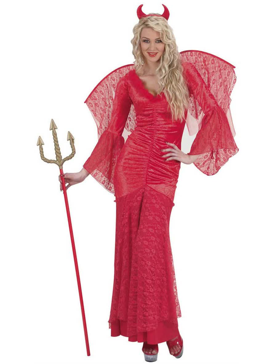 Disfraz de diablesa para mujer rojo en encaje con alas y cuernos