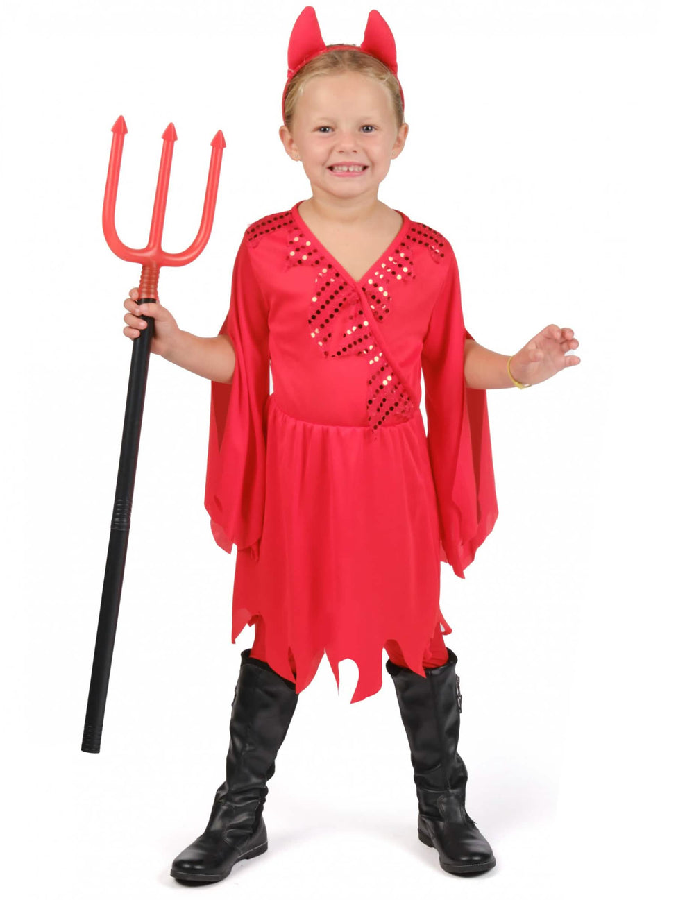 Disfraz de diabla para niña rojo con diadema de cuernos y tridente