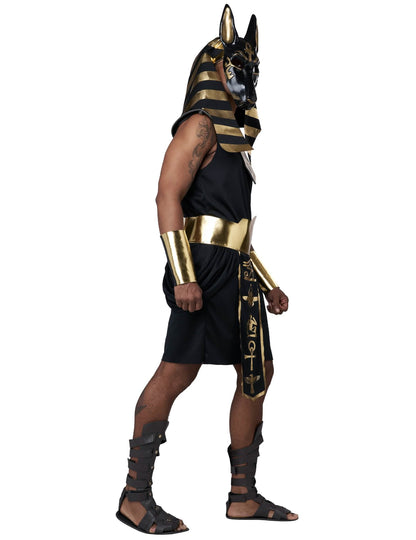 Vista de perfil del disfraz del dios Anubis de lujo
