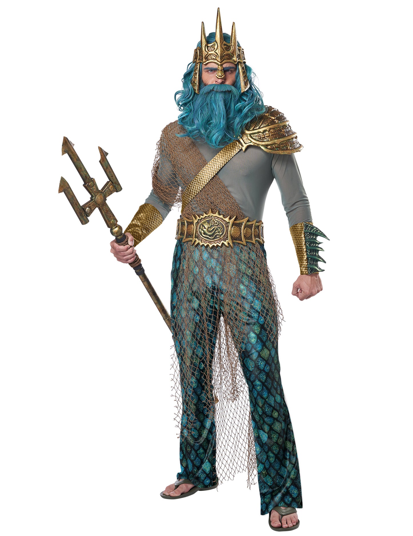 Déguisement dieu de la mer luxe pour homme bleu turquoise et doré avec trident