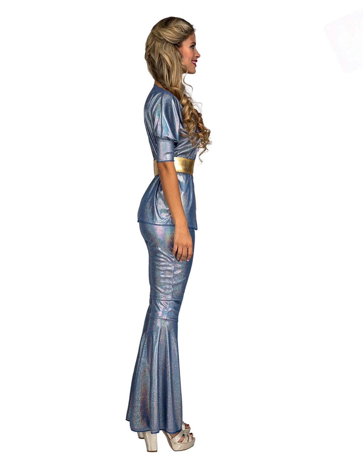 Vista de perfil del disfraz disco para mujer plateado brillante