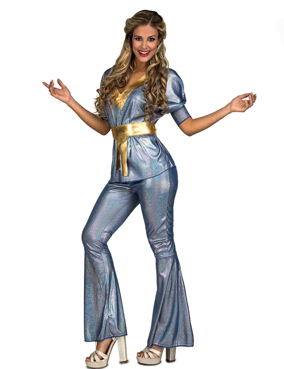 Disfraz disco para mujer plateado brillante con cinturón dorado