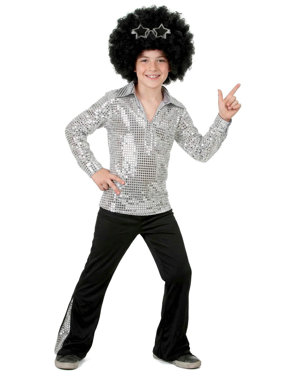 Pose disco del disfraz disco para niño plateado con lentejuelas