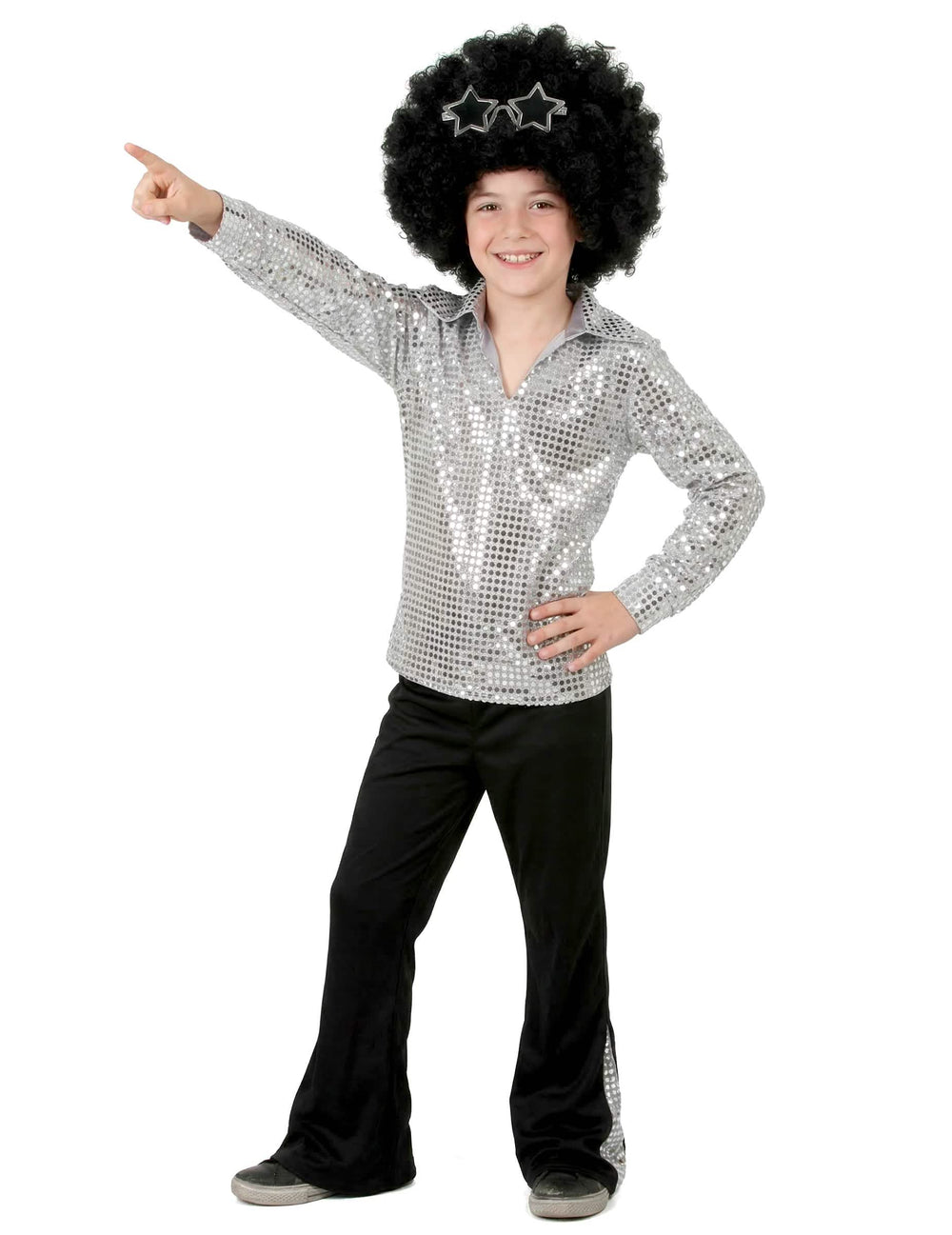 Vista frontal del disfraz disco para niño plateado con lentejuelas