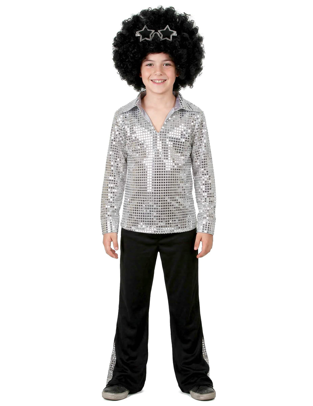Vista general del disfraz disco para niño plateado con lentejuelas