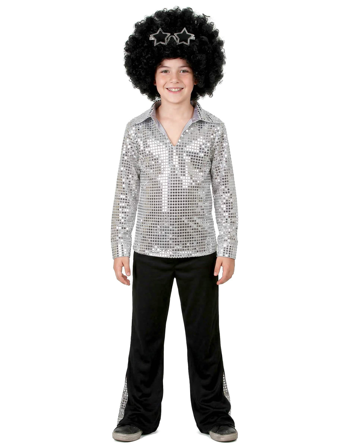 Vista general del disfraz disco para niño plateado con lentejuelas