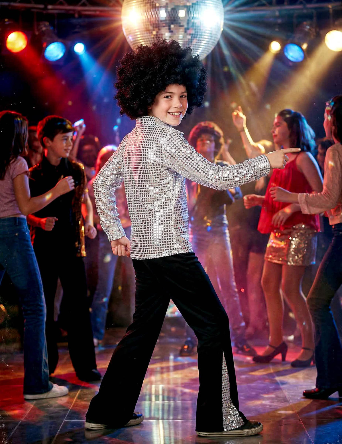Vista de perfil del disfraz disco para niño plateado con lentejuelas