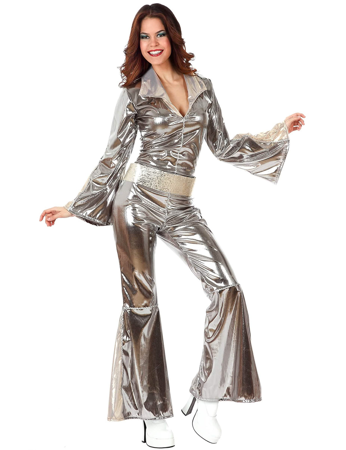 Disfraz disco para mujer plateado brillante con mangas y bajos acampanados
