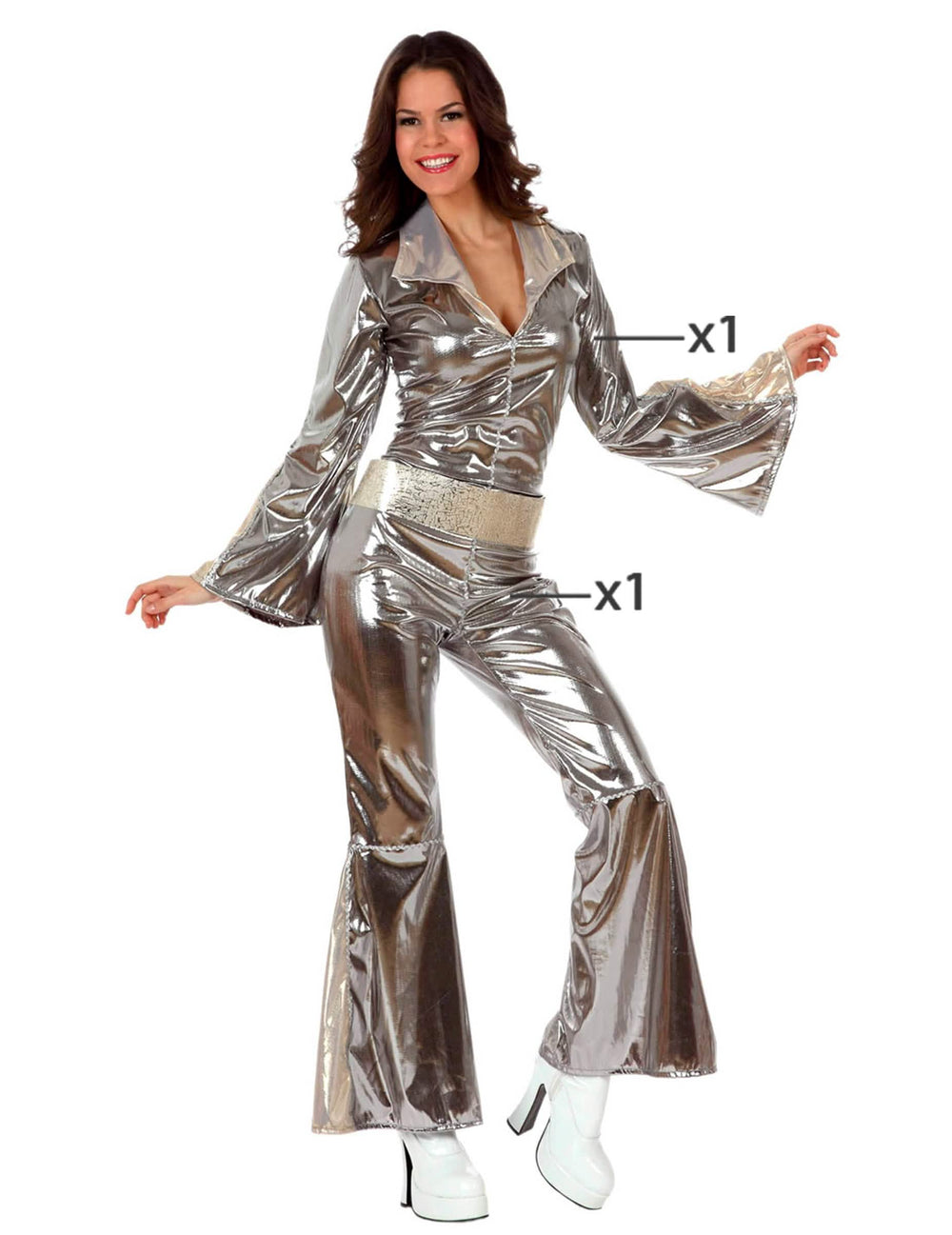 Detalle de la parte superior y del pantalón del disfraz disco para mujer