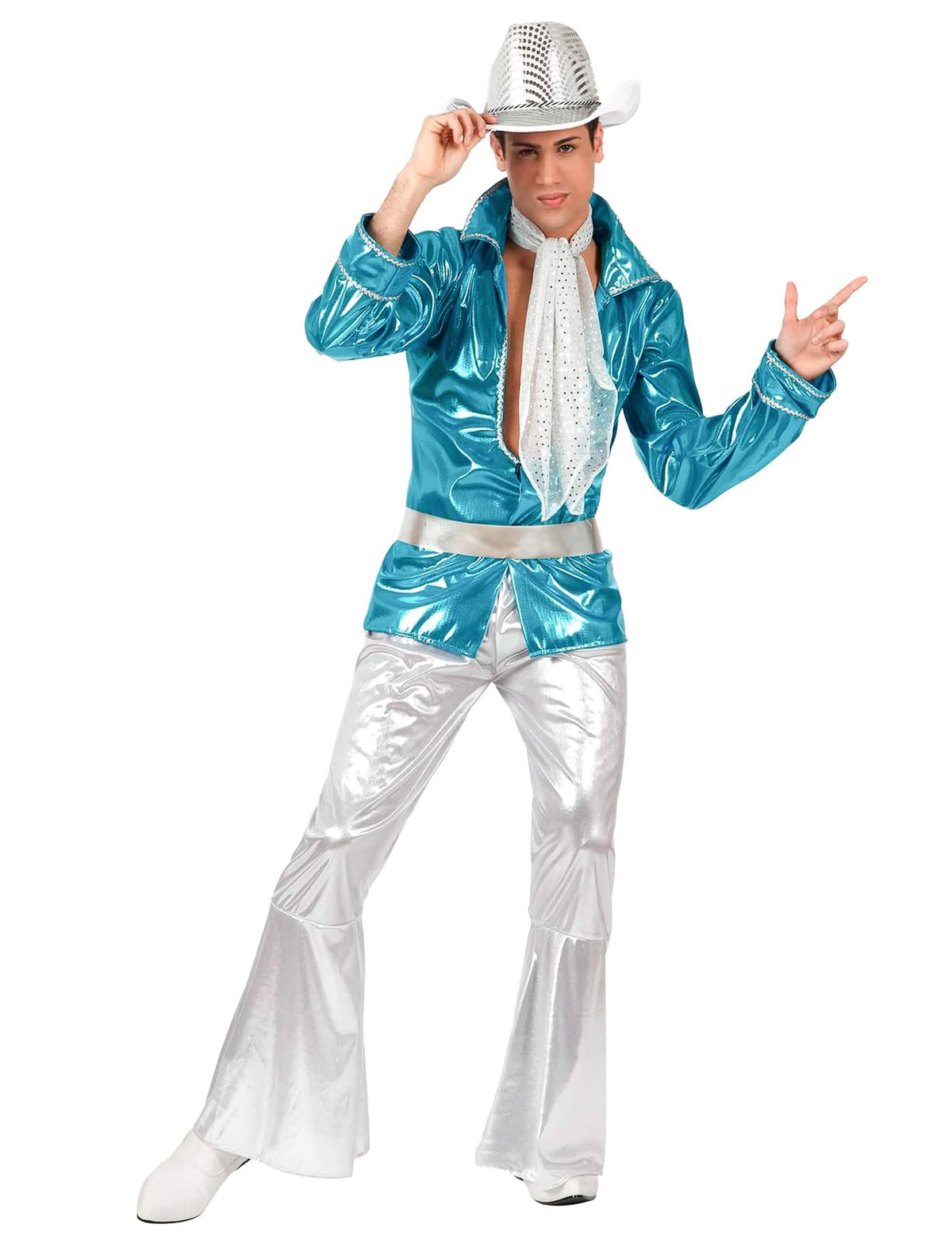 Disfraz disco para hombre azul y plateado con pantalón de campana