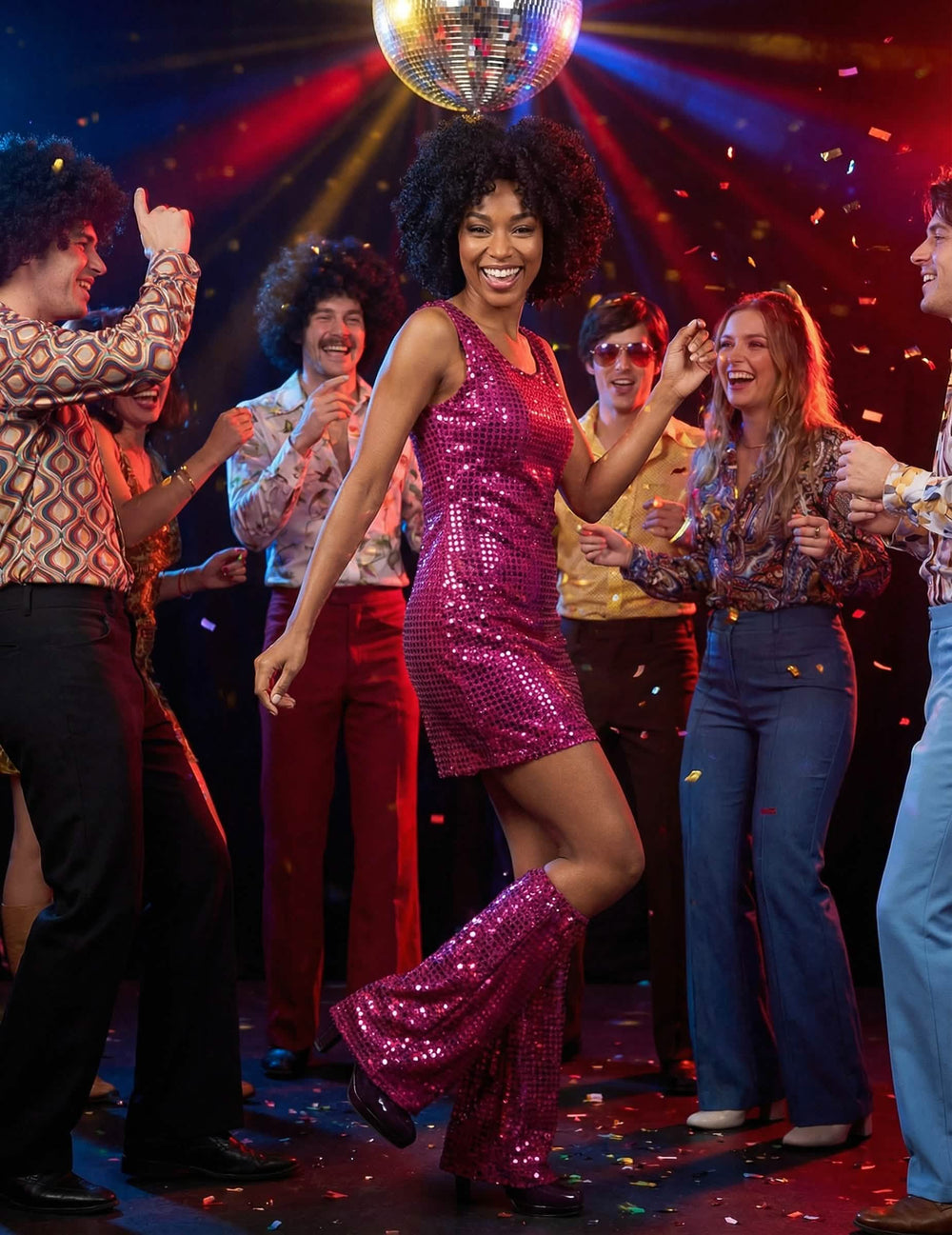 Ambiente del disfraz disco para mujer fucsia con lentejuelas