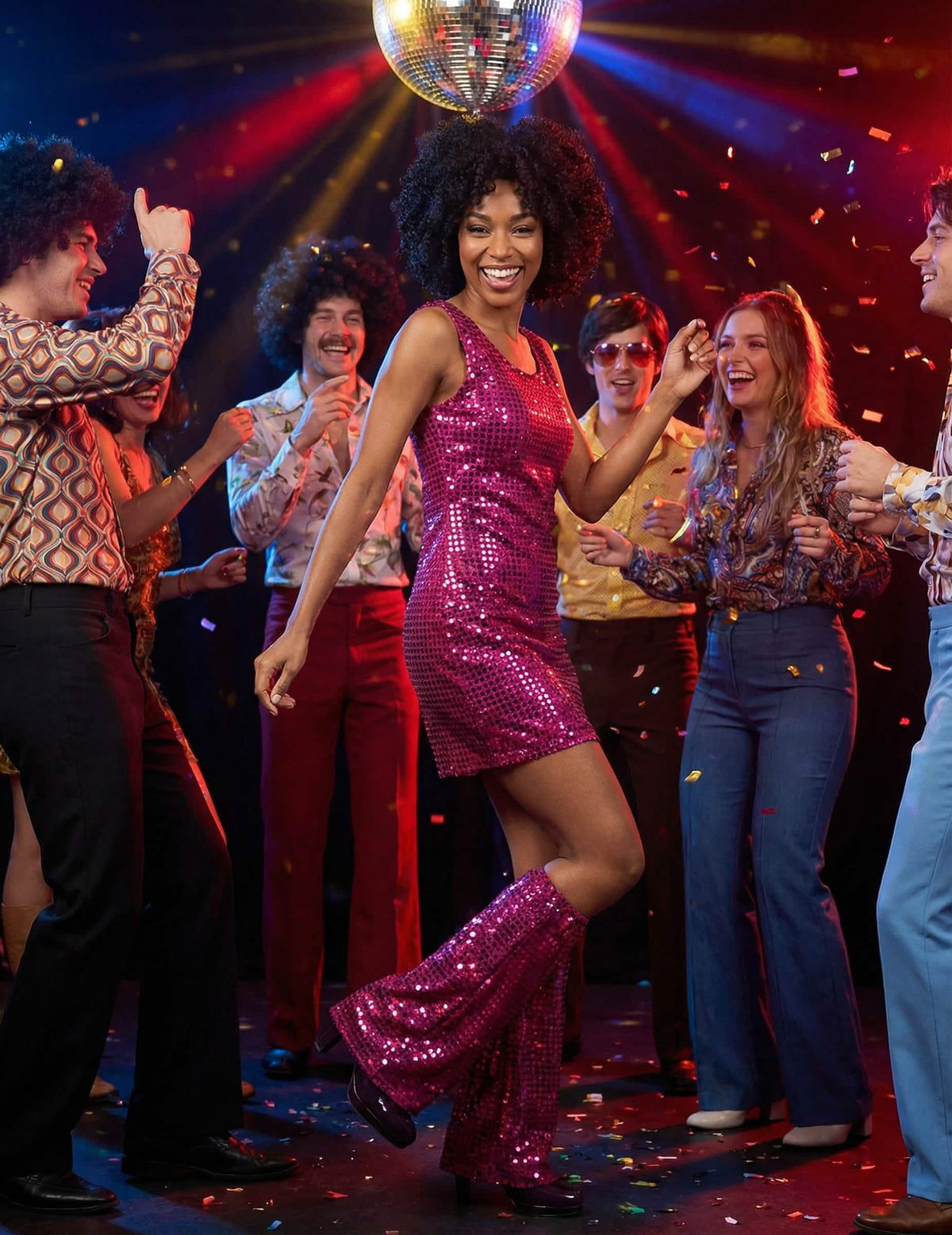 Ambiente del disfraz disco para mujer fucsia con lentejuelas