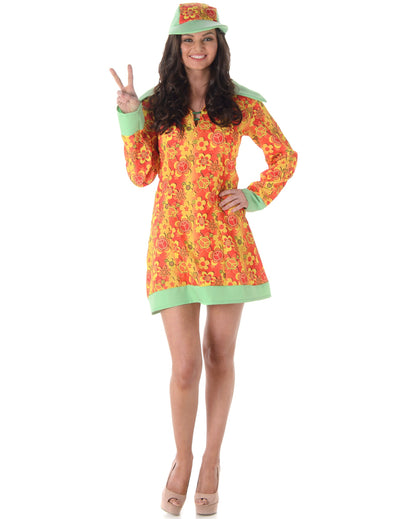 Déguisement disco hippie pour femme orange et jaune à motifs fleurs avec casquette