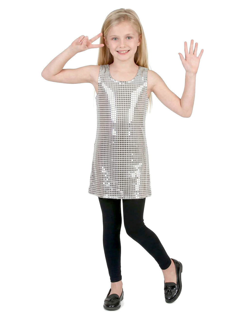 Disfraz disco para niña con lentejuelas plateadas