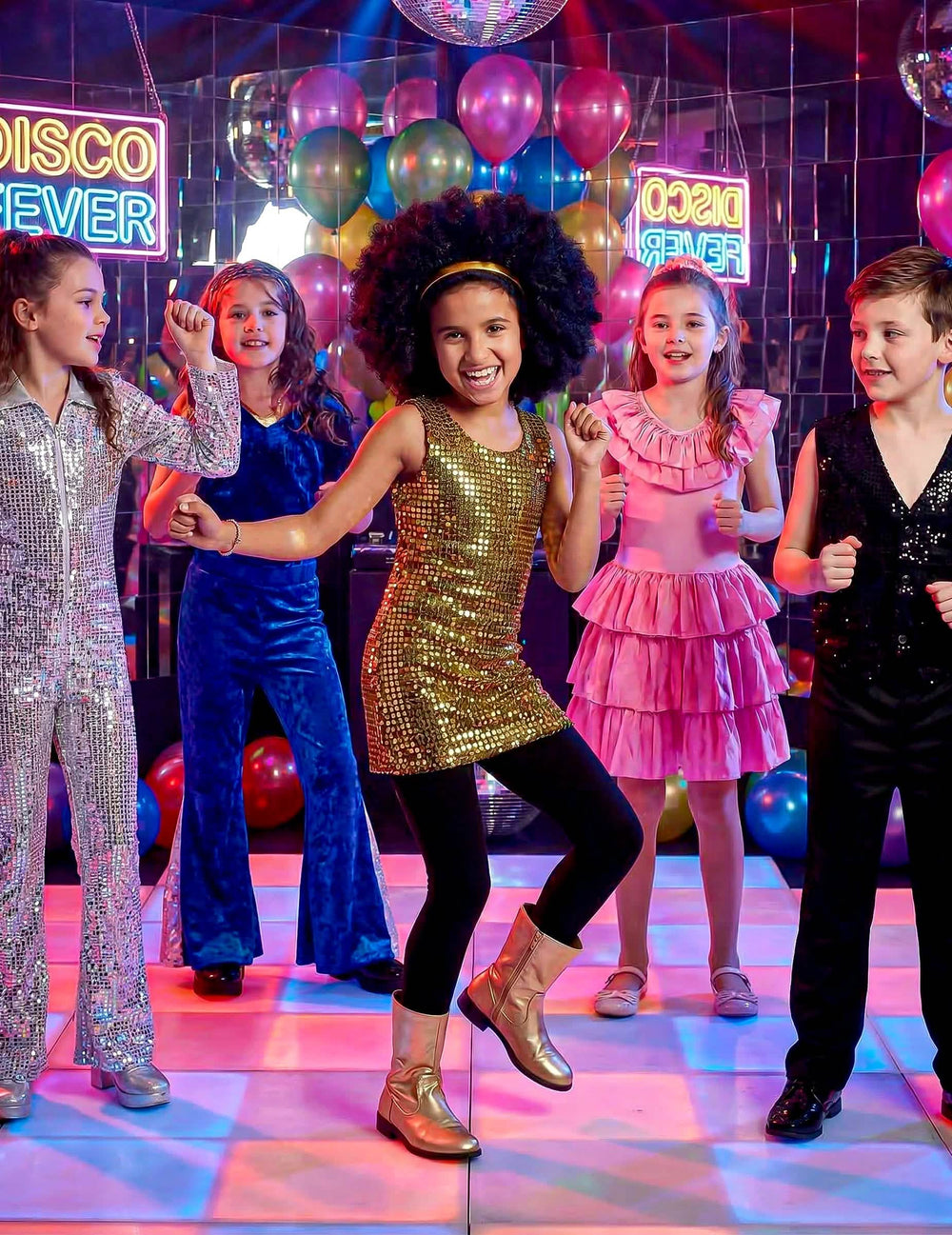 Mise en situation du déguisement disco paillettes pour fille or