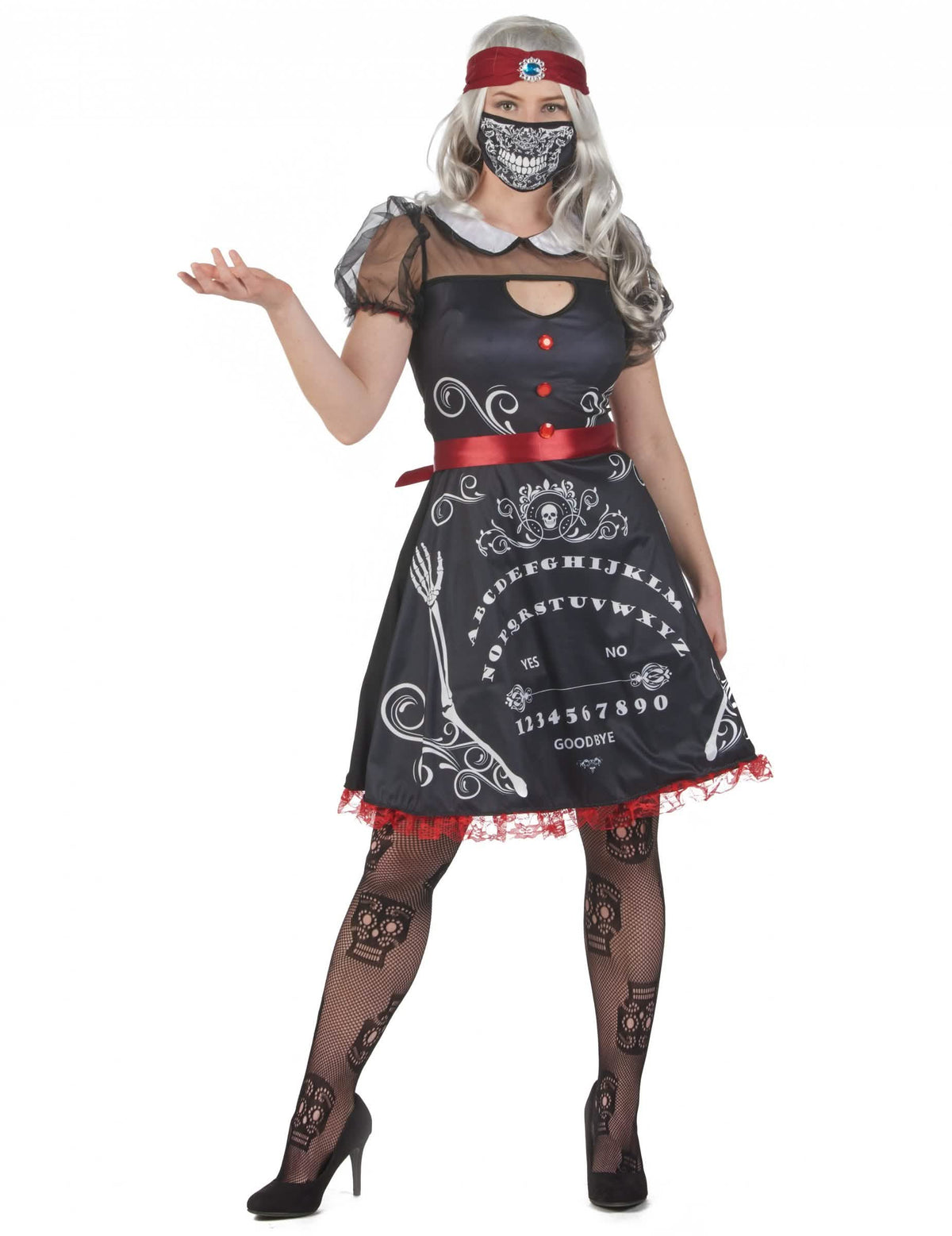 Déguisement de diseuse de bonne aventure pour femme noir et blanc avec motifs planche Ouija et détails rouges