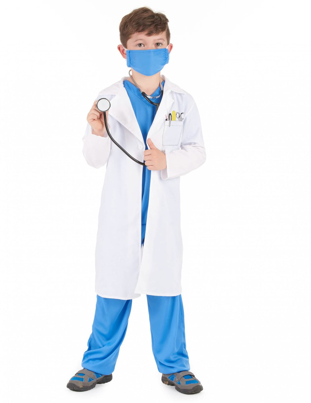 Disfraz de doctor para niño blanco y azul con máscara y estetoscopio