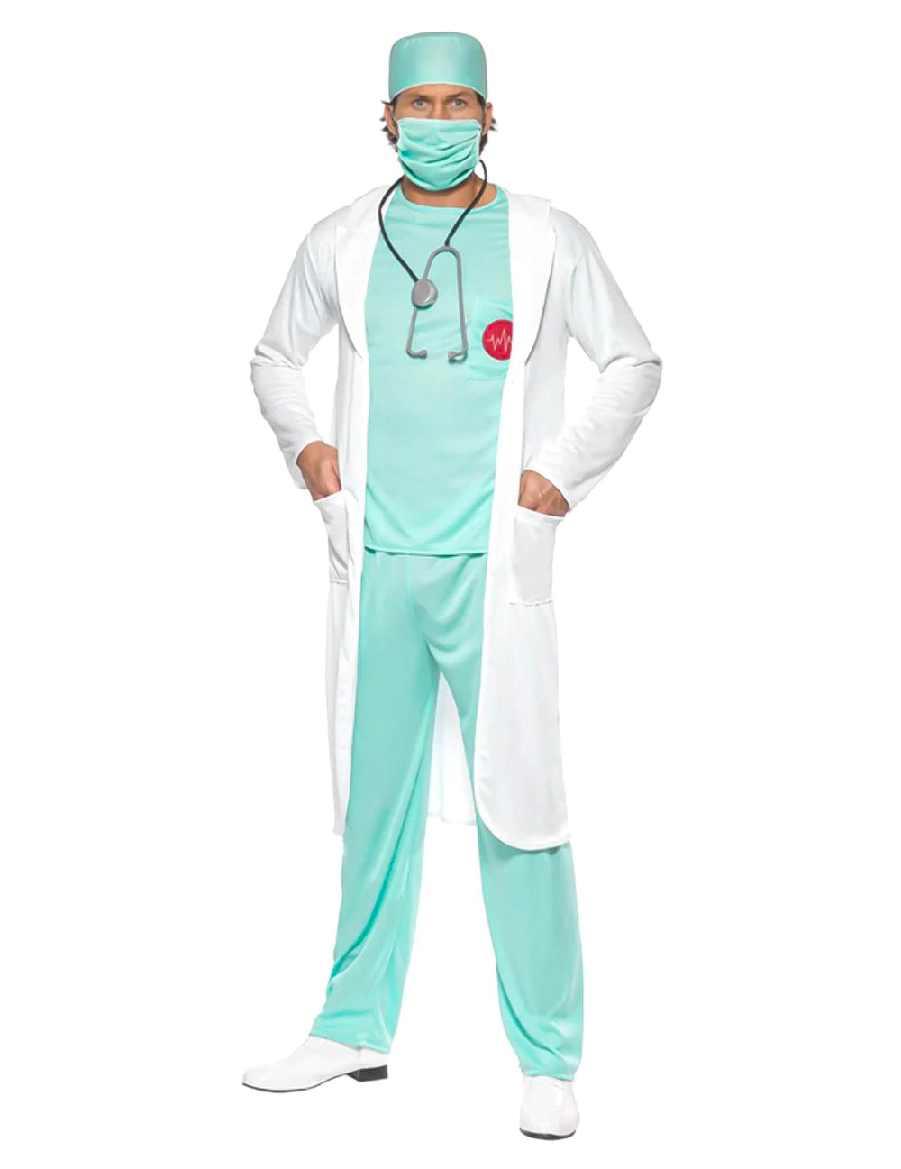 Disfraz de doctor para hombre turquesa y blanco con bata y estetoscopio