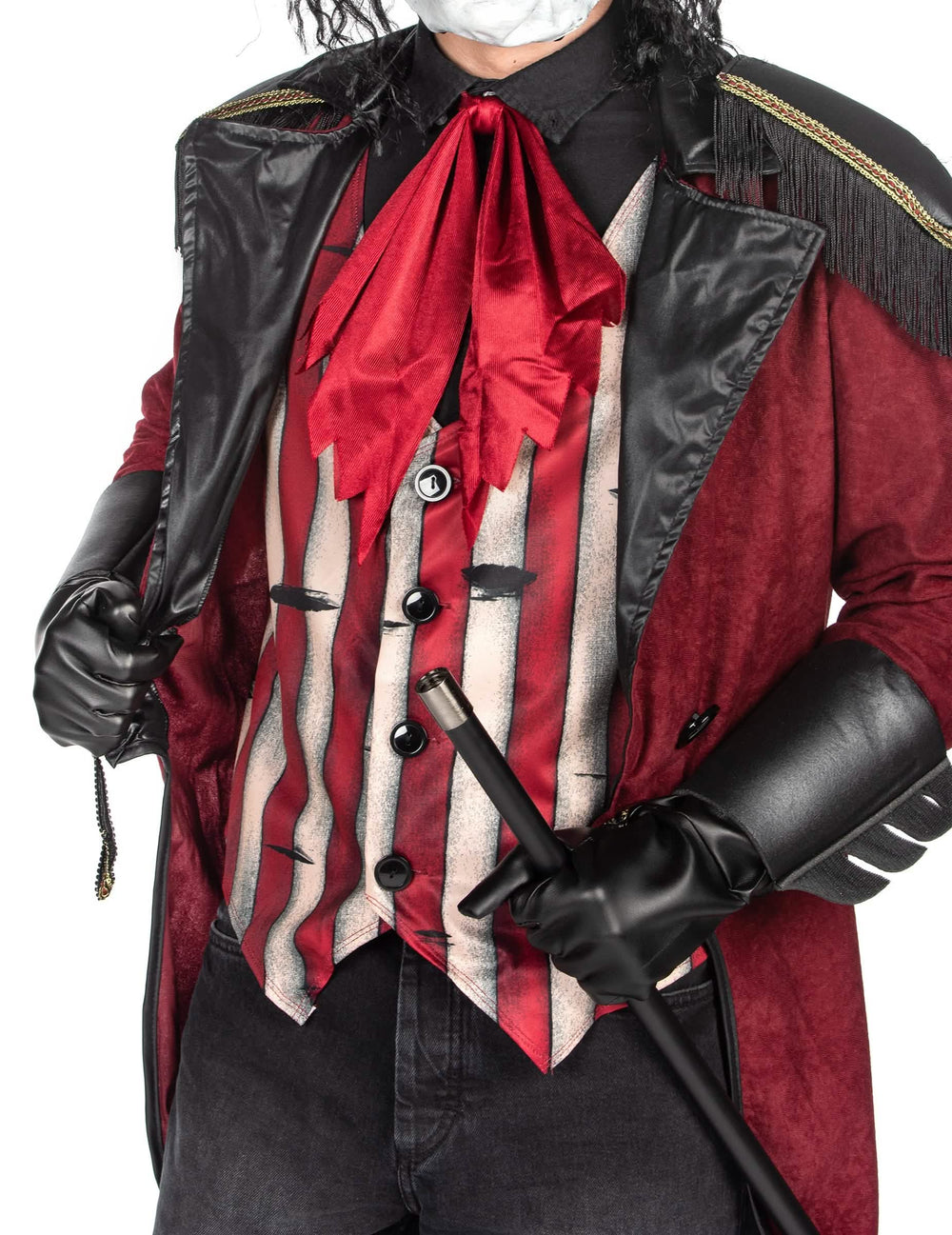 Detalle del chaleco rayado y del jabot rojo del disfraz de domador espeluznante de lujo