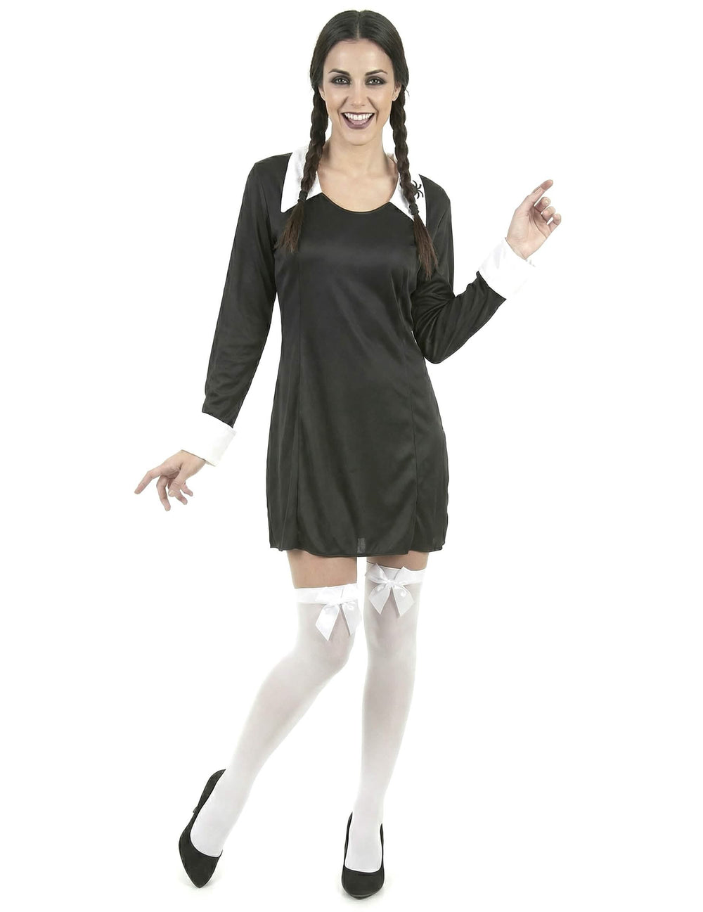 Disfraz de colegiala halloween para mujer blanco y negro con medias blancas con lazos