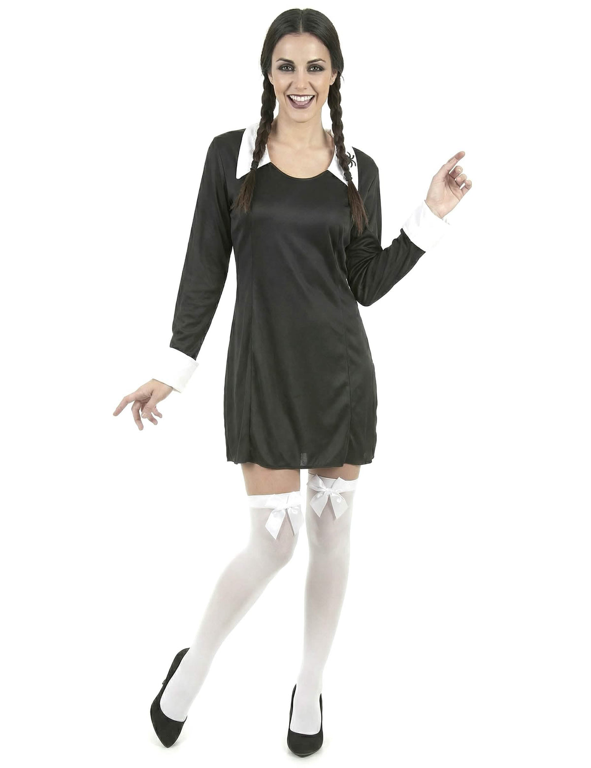 Disfraz de colegiala halloween para mujer blanco y negro con medias blancas con lazos