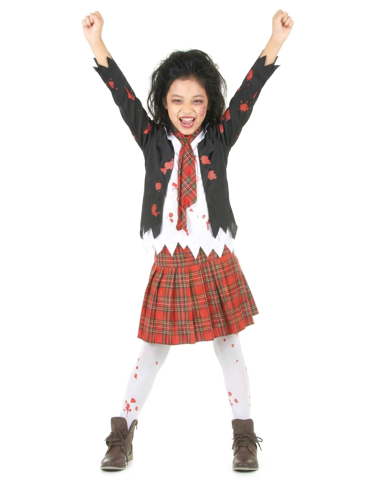 Vista frontal con los brazos levantados del disfraz de colegiala zombie para niña halloween