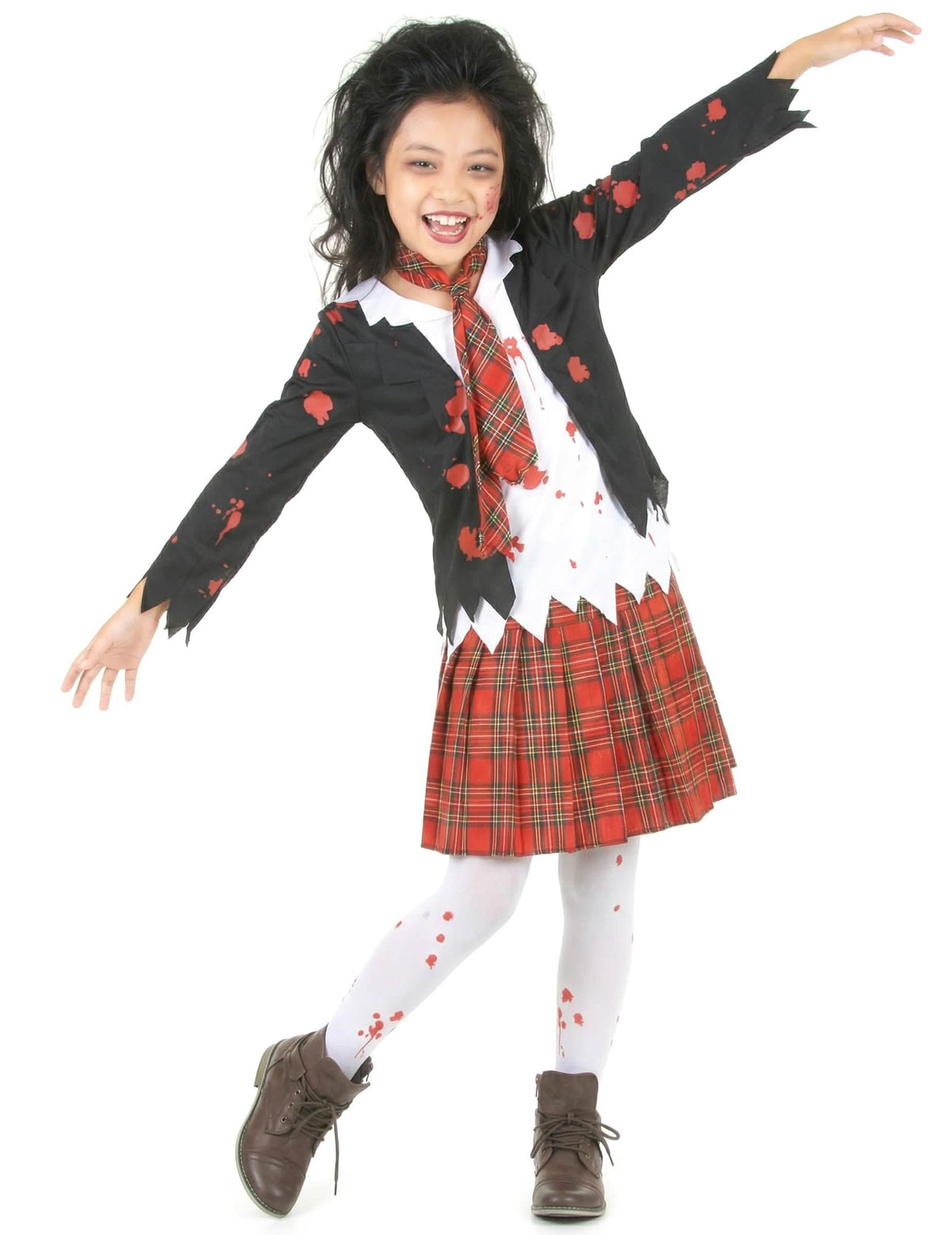 Vista frontal con los brazos extendidos del disfraz de colegiala zombie para niña halloween