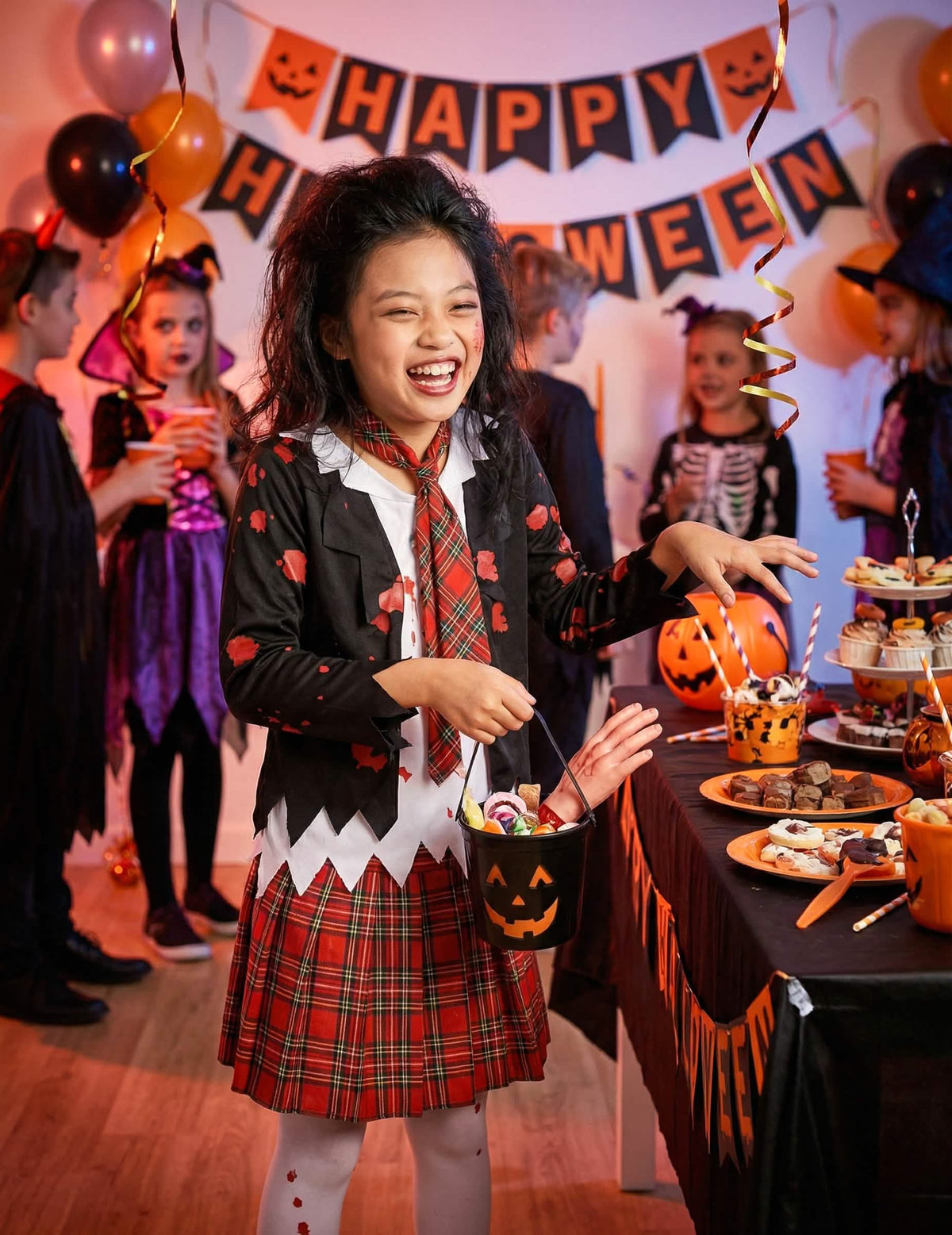 Puesta en escena festiva del disfraz de colegiala zombie para niña halloween