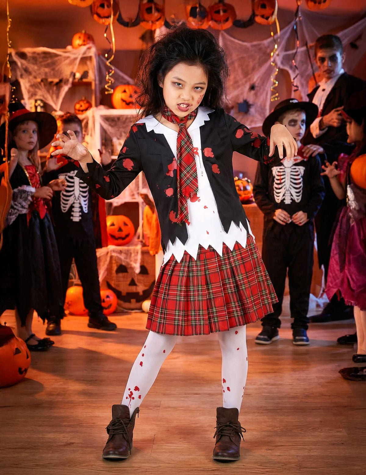 Puesta en escena en una decoración de halloween del disfraz de colegiala zombie para niña halloween